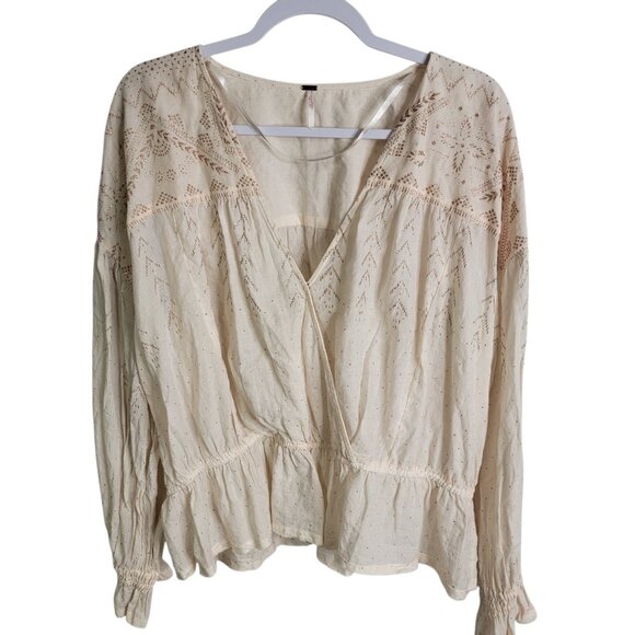 Free People Top Cream Gold Blouse Boho Counting Stars Peasant Raw Hem Large - Picture 2 of 9